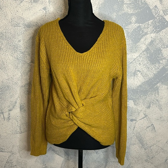 Poof Apparel Mustard Yellow Knitted Sweater with Twist Knot Detail size L - Picture 1 of 5